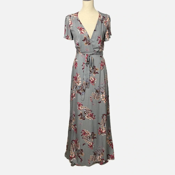 Lulu’s Maxi Dress Fiorire Slate Blue Floral Print Wrap Size XS Romantic Feminine - Picture 5 of 16